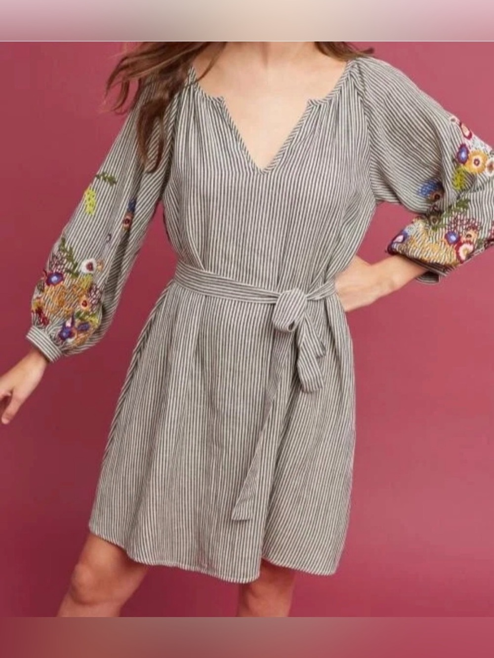 Feather Bone by Anthropologie Lindsey Striped Embroidered Floral Dress
Sz Small